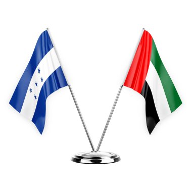 Two table flags isolated on white background 3d illustration, honduras and united arab emirates