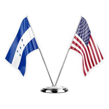 Two table flags isolated on white background 3d illustration, honduras and usa