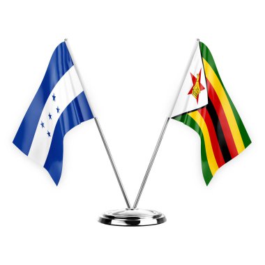 Two table flags isolated on white background 3d illustration, honduras and zimbabwe