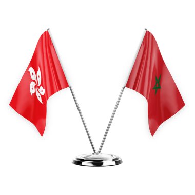 Two table flags isolated on white background 3d illustration, hong kong and morocco