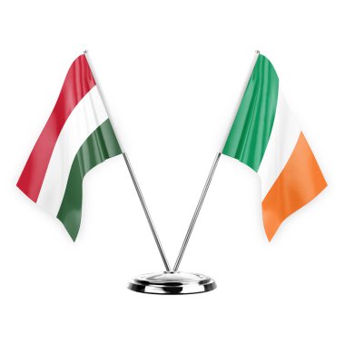 Two table flags isolated on white background 3d illustration, hungary and ireland