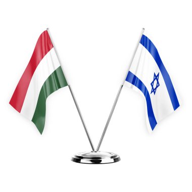 Two table flags isolated on white background 3d illustration, hungary and israel
