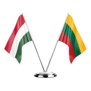 Two table flags isolated on white background 3d illustration, hungary and lithuania
