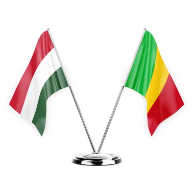 Two table flags isolated on white background 3d illustration, hungary and mali