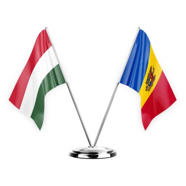 Two table flags isolated on white background 3d illustration, hungary and moldova