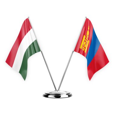 Two table flags isolated on white background 3d illustration, hungary and mongolia