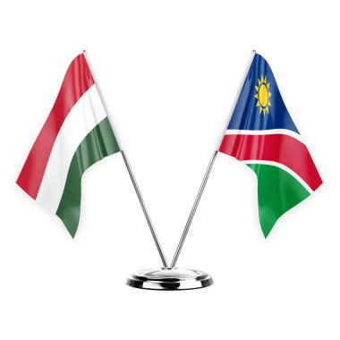 Two table flags isolated on white background 3d illustration, hungary and namibia