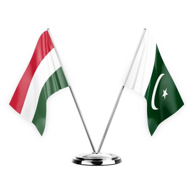 Two table flags isolated on white background 3d illustration, hungary and pakistan