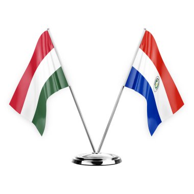 Two table flags isolated on white background 3d illustration, hungary and paraguay