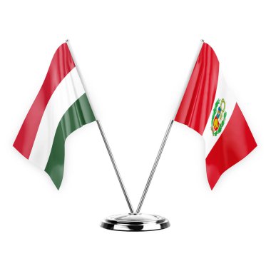 Two table flags isolated on white background 3d illustration, hungary and peru