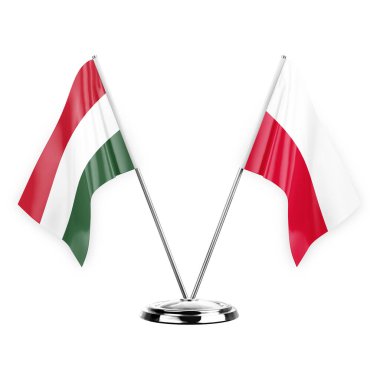 Two table flags isolated on white background 3d illustration, hungary and poland