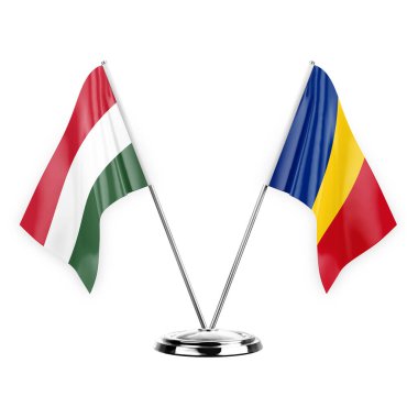 Two table flags isolated on white background 3d illustration, hungary and romania