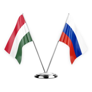 Two table flags isolated on white background 3d illustration, hungary and russia