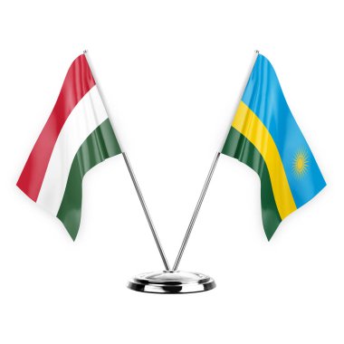Two table flags isolated on white background 3d illustration, hungary and rwanda