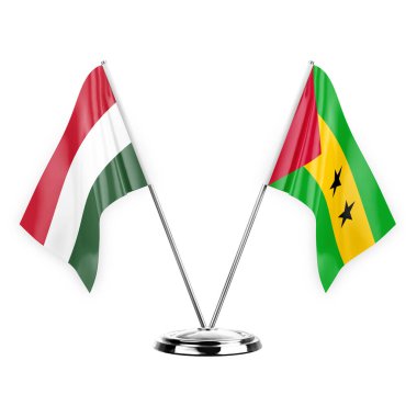 Two table flags isolated on white background 3d illustration, hungary and sao tome and principe