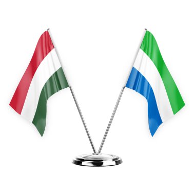 Two table flags isolated on white background 3d illustration, hungary and sierra leone