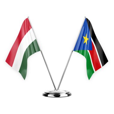 Two table flags isolated on white background 3d illustration, hungary and south sudan