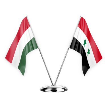 Two table flags isolated on white background 3d illustration, hungary and syria