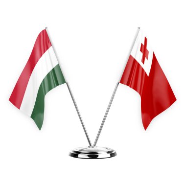 Two table flags isolated on white background 3d illustration, hungary and tonga