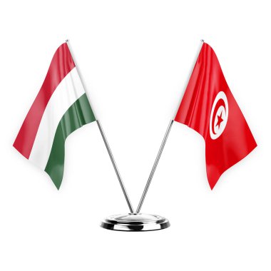 Two table flags isolated on white background 3d illustration, hungary and tunisia