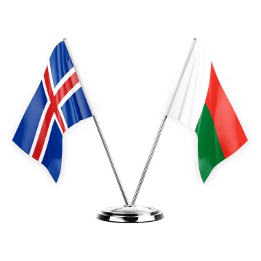 Two table flags isolated on white background 3d illustration, iceland and madagascar