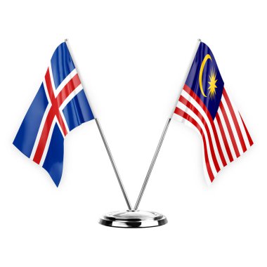 Two table flags isolated on white background 3d illustration, iceland and malaysia