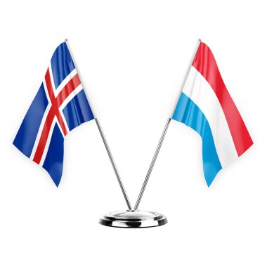 Two table flags isolated on white background 3d illustration, iceland and luxembourg