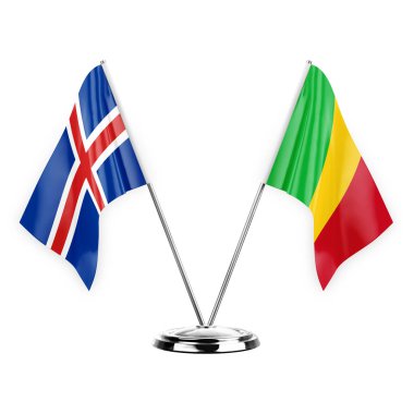 Two table flags isolated on white background 3d illustration, iceland and mali