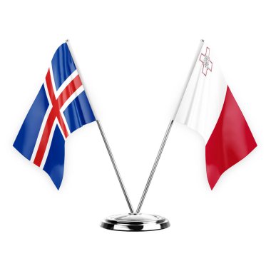 Two table flags isolated on white background 3d illustration, iceland and malta