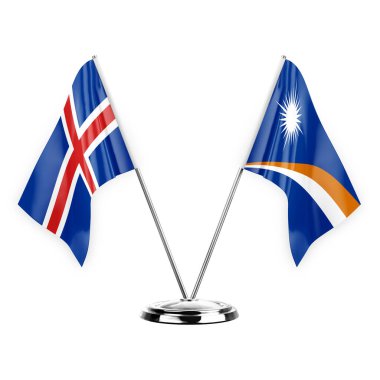 Two table flags isolated on white background 3d illustration, iceland and marshall islands