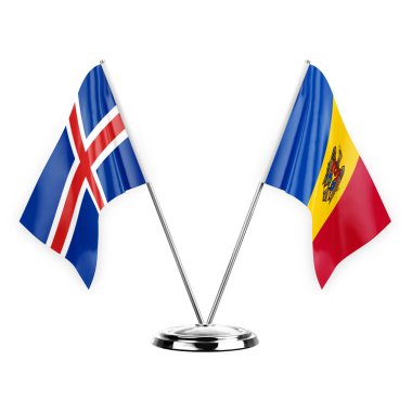 Two table flags isolated on white background 3d illustration, iceland and moldova