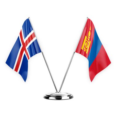 Two table flags isolated on white background 3d illustration, iceland and mongolia