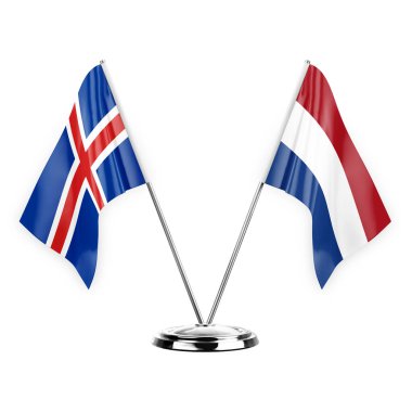 Two table flags isolated on white background 3d illustration, iceland and netherlands