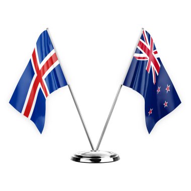 Two table flags isolated on white background 3d illustration, iceland and new zealand