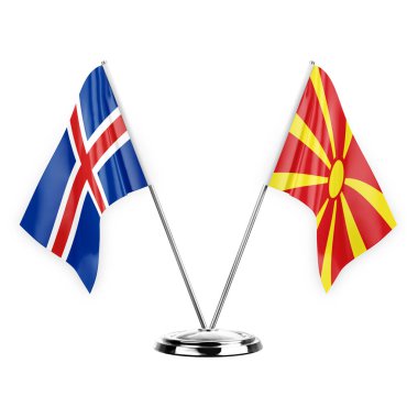 Two table flags isolated on white background 3d illustration, iceland and north macedonia