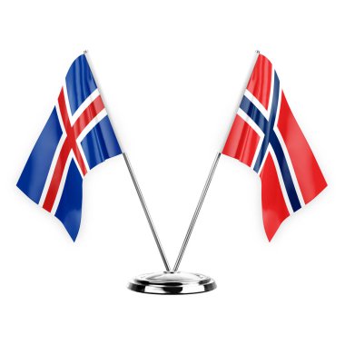 Two table flags isolated on white background 3d illustration, iceland and norway