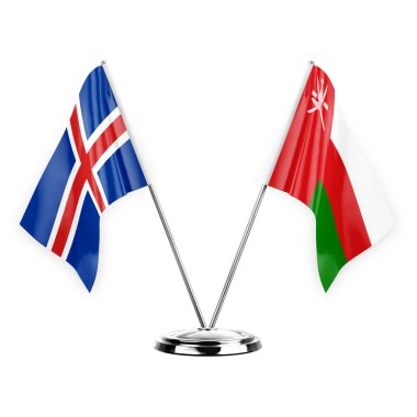 Two table flags isolated on white background 3d illustration, iceland and oman