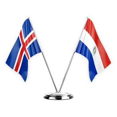 Two table flags isolated on white background 3d illustration, iceland and paraguay