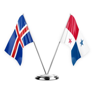Two table flags isolated on white background 3d illustration, iceland and panama
