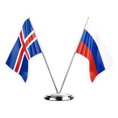 Two table flags isolated on white background 3d illustration, iceland and russia