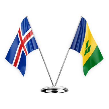 Two table flags isolated on white background 3d illustration, iceland and saint vincent and the grenadines