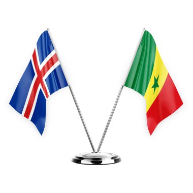 Two table flags isolated on white background 3d illustration, iceland and senegal