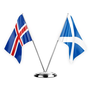 Two table flags isolated on white background 3d illustration, iceland and scotland