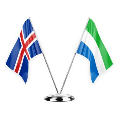 Two table flags isolated on white background 3d illustration, iceland and sierra leone