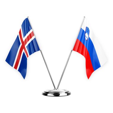 Two table flags isolated on white background 3d illustration, iceland and slovenia