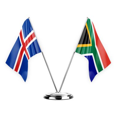 Two table flags isolated on white background 3d illustration, iceland and south africa