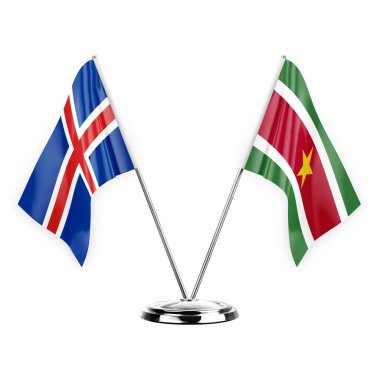 Two table flags isolated on white background 3d illustration, iceland and suriname