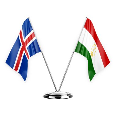 Two table flags isolated on white background 3d illustration, iceland and tajikistan