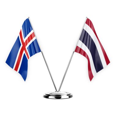Two table flags isolated on white background 3d illustration, iceland and thailand