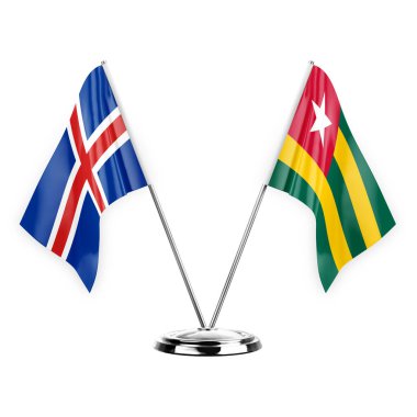 Two table flags isolated on white background 3d illustration, iceland and togo